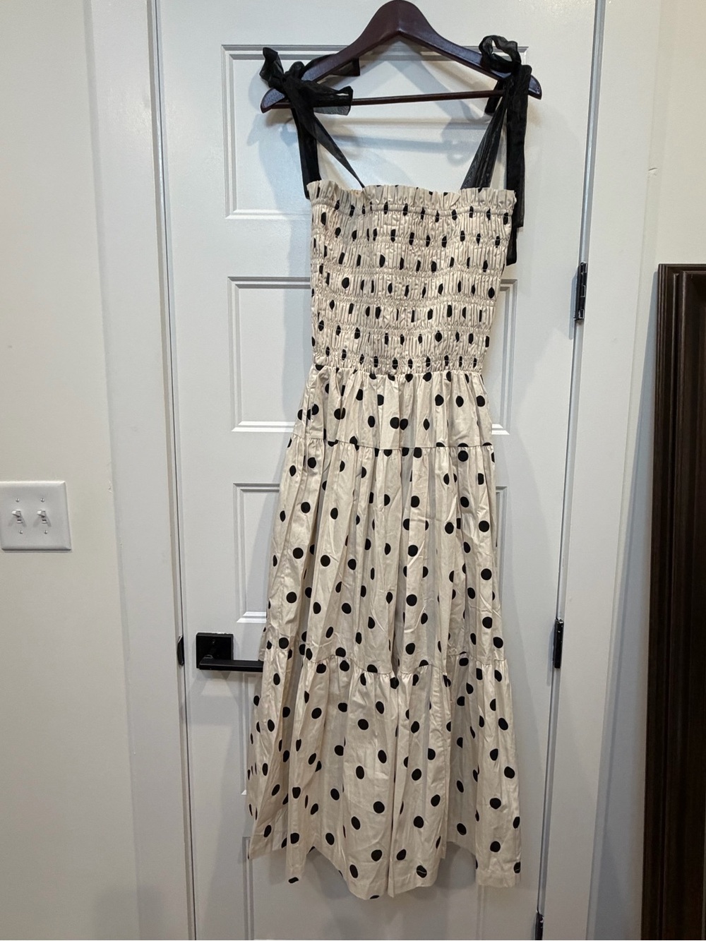 En Saison 100% Cotton Black Tie-Shoulder Polka Dot Midi Dress w/ Pockets - Cream